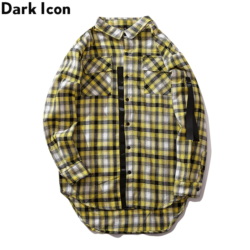 Темная икона желтая клетчатая рубашка мужская простая лента удлиненная хип хоп