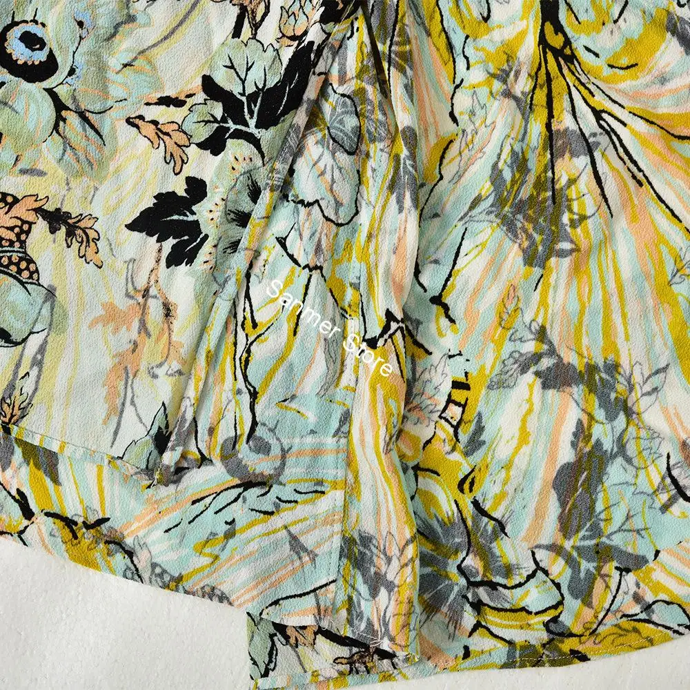 

Spring Summer Women Long Sleeve Warp Dress Printing V-neck Lace-up Casual Mid-Calf Dress Female Clothes