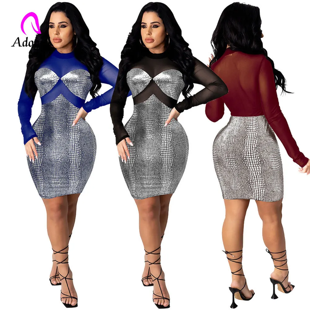 

Sequined Mesh Stitching Autumn Winter Women Dress Full Sleeve Above Knee See Through Dress Sexy Clubwear Party Slim Mini Dress
