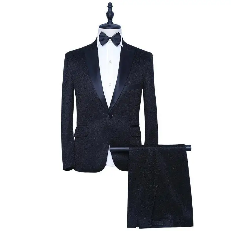 

Men's Black Tuxedo Slim Fashion Groom Suit Jacket Pants Singer Drummer Host Party Prom Stage Costumes Night Club Suits
