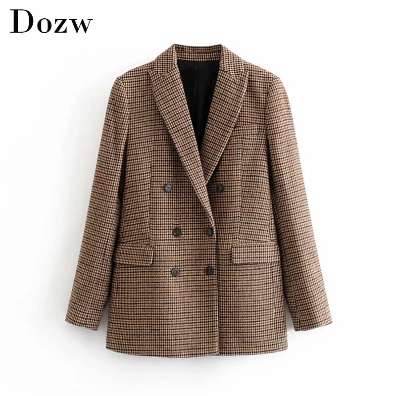 Винтажный Повседневный клетчатый блейзер для женщин модный двубортный офисный