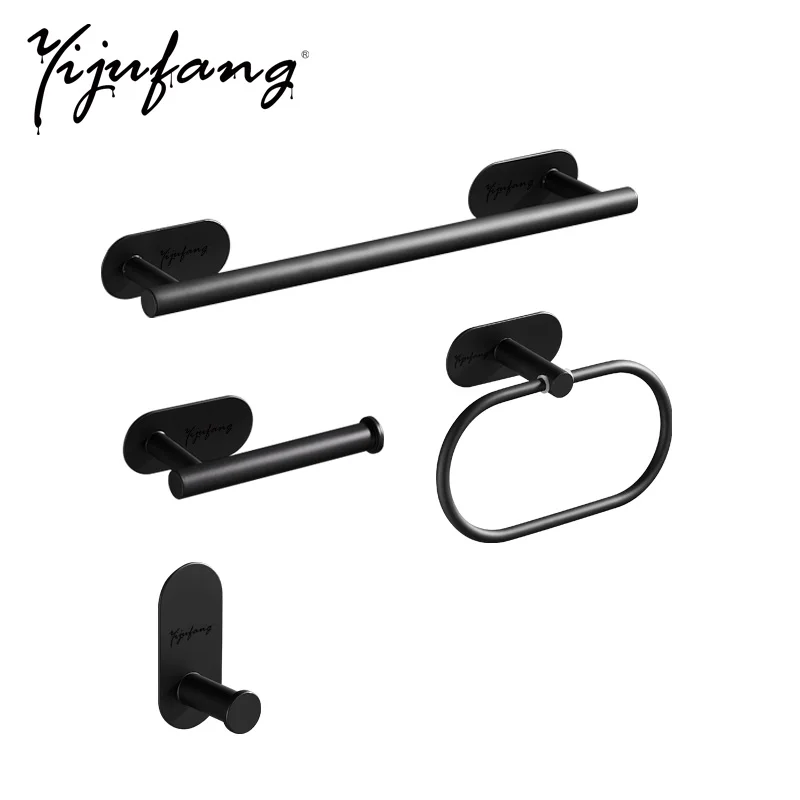 

Punch-free Stainless Steel Brushed Black Bathroom Hardware Det Towel Rack Toilet Paper Holder Towel Bar Hook Bathroom Pendant