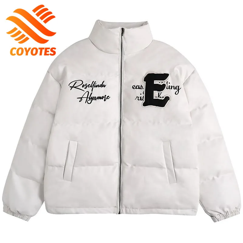 

COYOTES Hip Hop Winter Mens Parka Jacket Gothic Letters Embroidery Harajuku Streetwear Warm Padded Jackets Loose Outwear Unisex