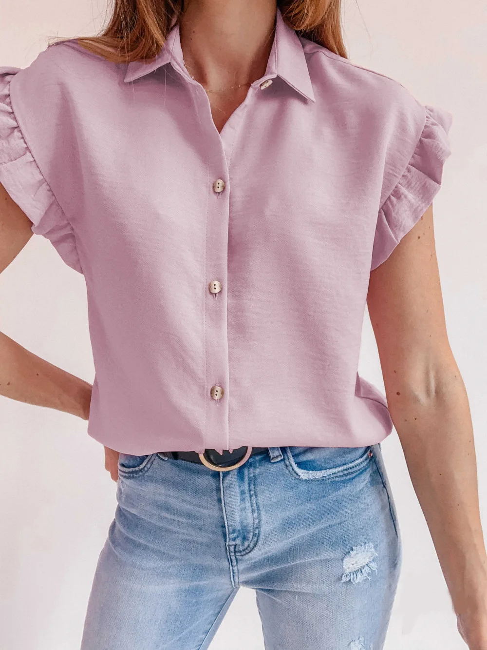 

Women's Clothing Summer New Single Breasted Button Tshirt Solid Color Ruffled Collar Short Sleeve Top Tshirts