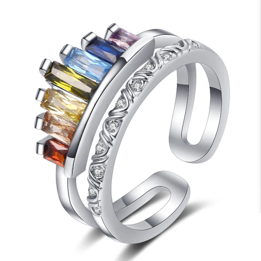 

Multicolor Opening Adjustable Ring 2021 Temperament Fashion Trend Crown Double Rainbow Color High End Female Anniversary Gift