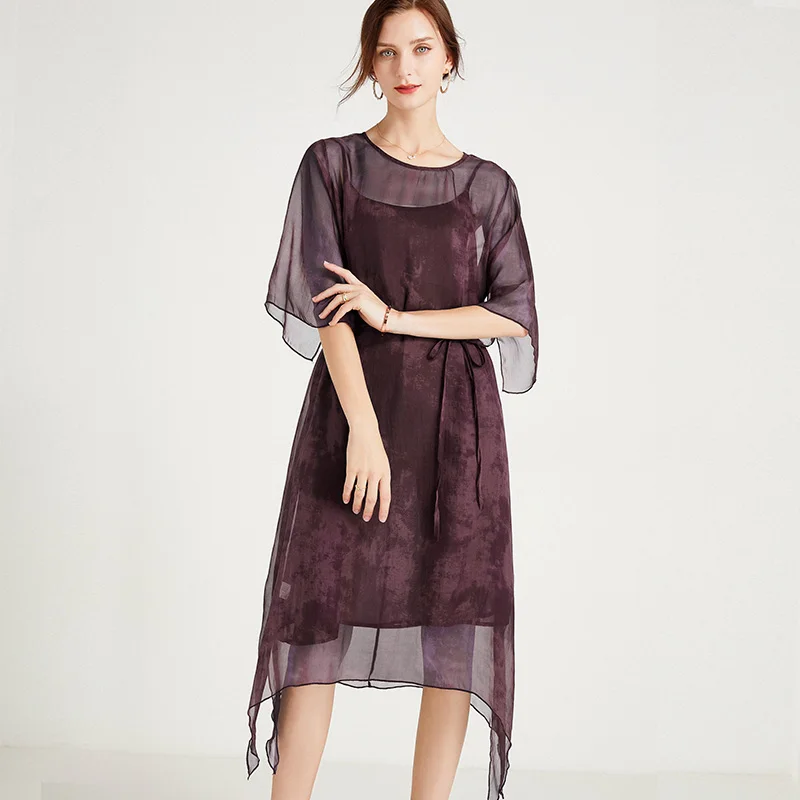 Silk Dress Woman Summer New Fashion Loose Elegant Dress Plus Size O Neck Short Sleeve High Waist Mulberry Silk Two-Piece Dresses