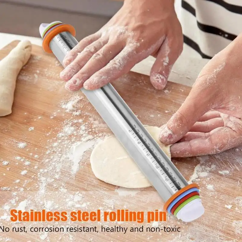 

Steel Biscuits Rolling Pin Equipped 4 Scaling Rulers Baking Tool Rings Adjustable Cookie Mat Pastry Shim Thicknes X5W0