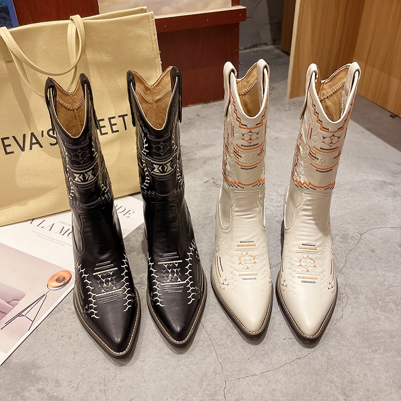

2021 New Women Fashion Western Cowgirl Boots Vintage Motorcycle Riding Boots Thick High Heel Leather Boots