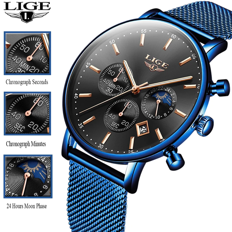 

LIGE New Mens Watches Top Brand Luxury Fashion Blue Strap Quartz Watch Men Moon Phase Clock Calendar Waterproof Chronograph+Box