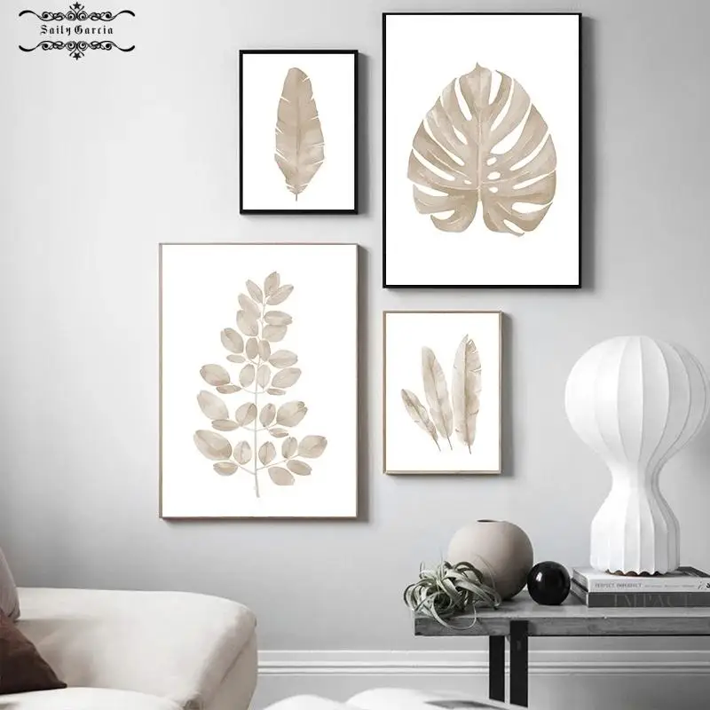 Акварель принт тропических листьев бежевая экзотическая листва холст постер