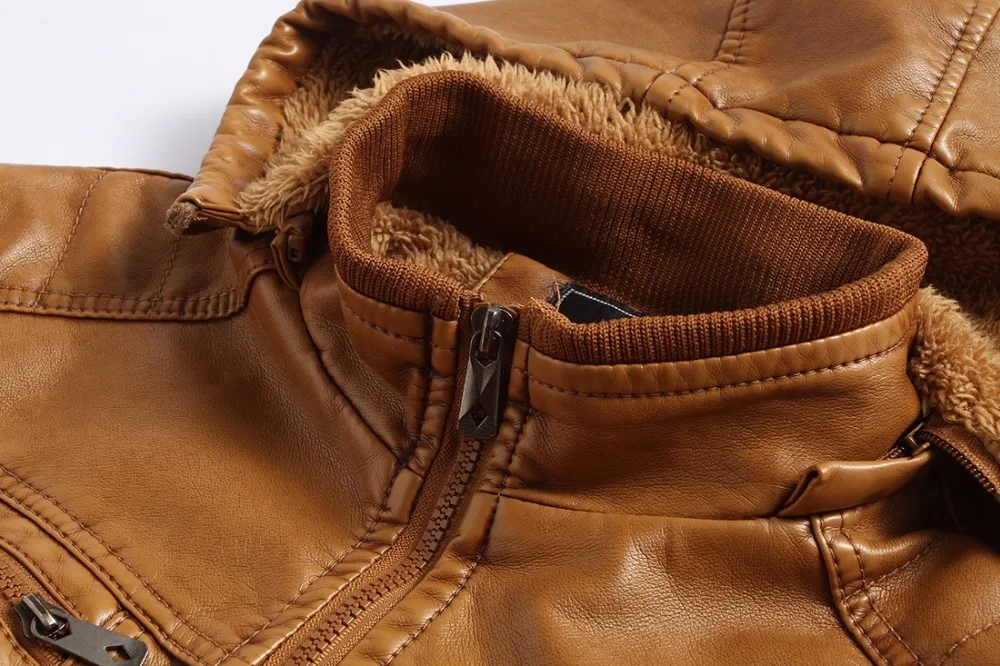 

code men's European hooded plus velvet thick warm PU leather jacket, fashion stand collar short slim retro motorcycle jacket