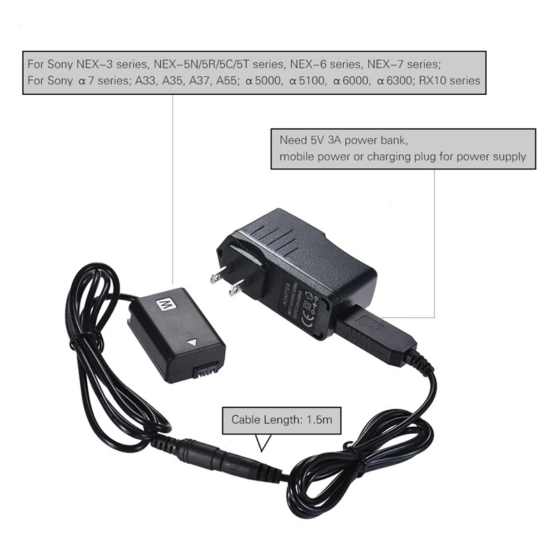 Np-Fw50 аккумулятор + 5 В 3A Usb Кабель-адаптер питания с разъемом для замены Ac-Pw20 Sony