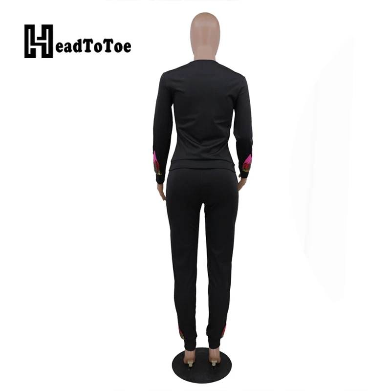 

Vintage Sequins Floral Embellished Casual Women 2 Piece Set Full Sleeve Round Neck Tops & Pocket Design Slim Pants Set