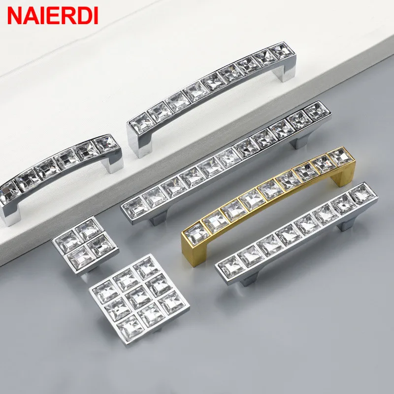 

NAIERDI Luxury Diamond Crystal Cabinet Handles Silver Glass Furniture Handle Cupboard Pulls Drawer Knobs Kitchen Hardware