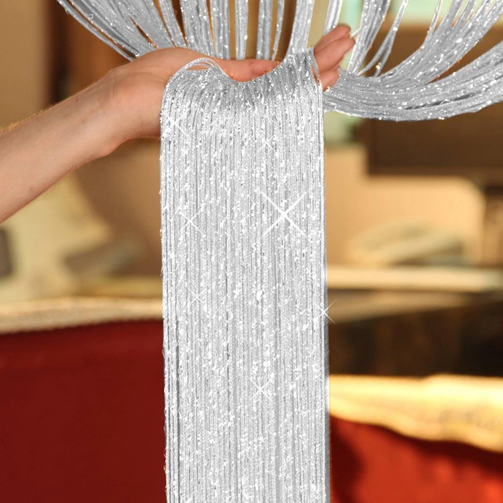 

200 x100cm Fashion Curtain Window Door Divider Curtain Valance Shiny Tassel Flash Silver Line String Home Decoration