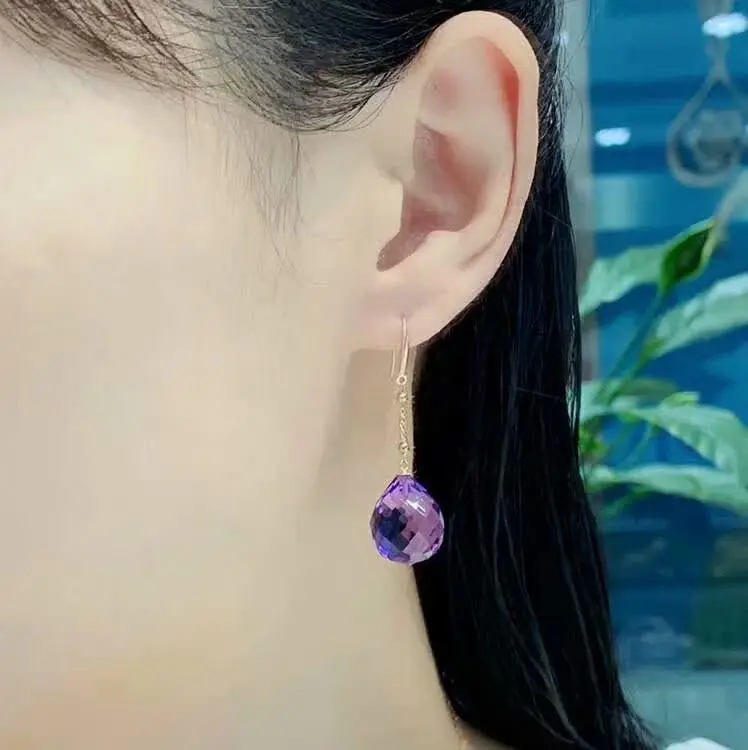 

shilovem 18K yellow Gold Piezoelectric Amethyst stud earrings wedding fine Jewelry trendy gift new 13*16mm plantmyme1316832z