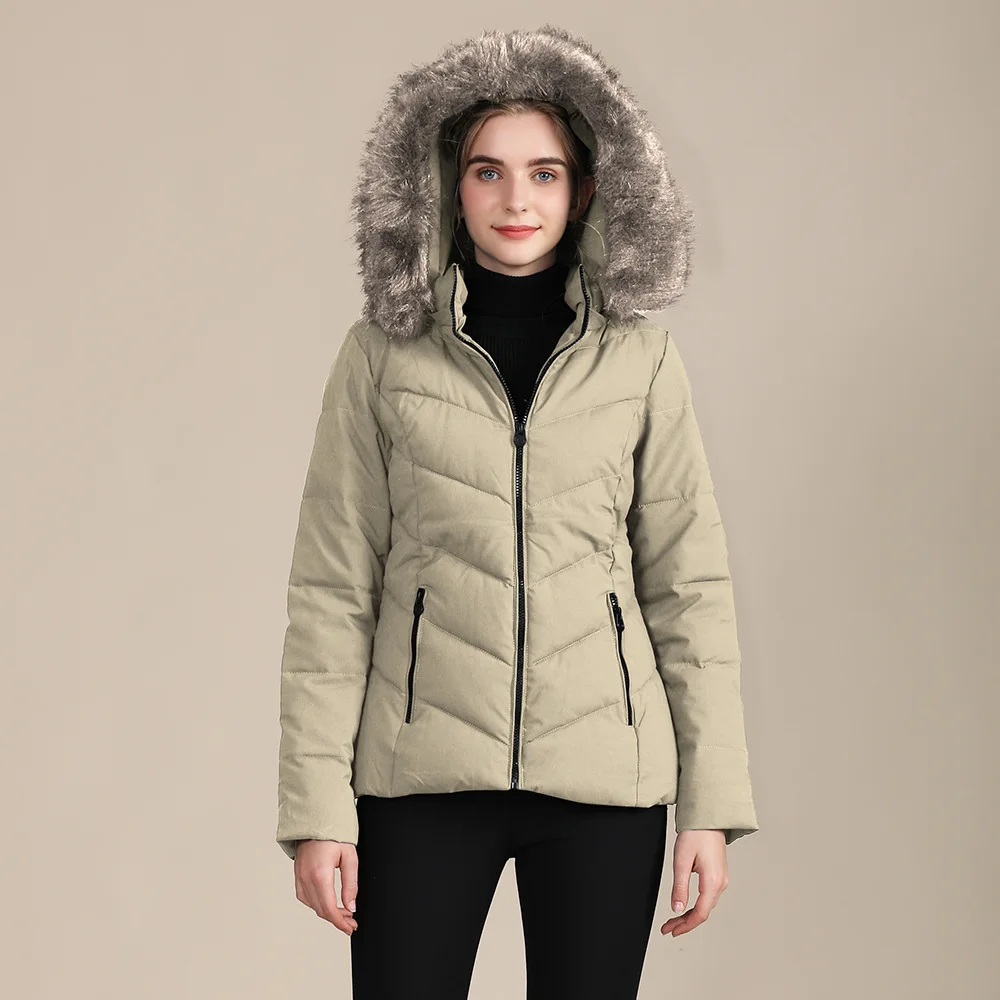 Womens Black Khaki Winter Cropped Puffer Jacket Women Fur Hood Jackets Winter Padded Coat Outwear Slim Fit Hooded Parka Mujer