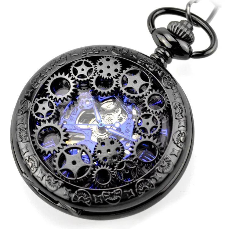 Black Steel Mechanical Pocket Watch Steampunk Vintage Gear Analog Skeleton Hand Winding Mechanical Pocket Watch