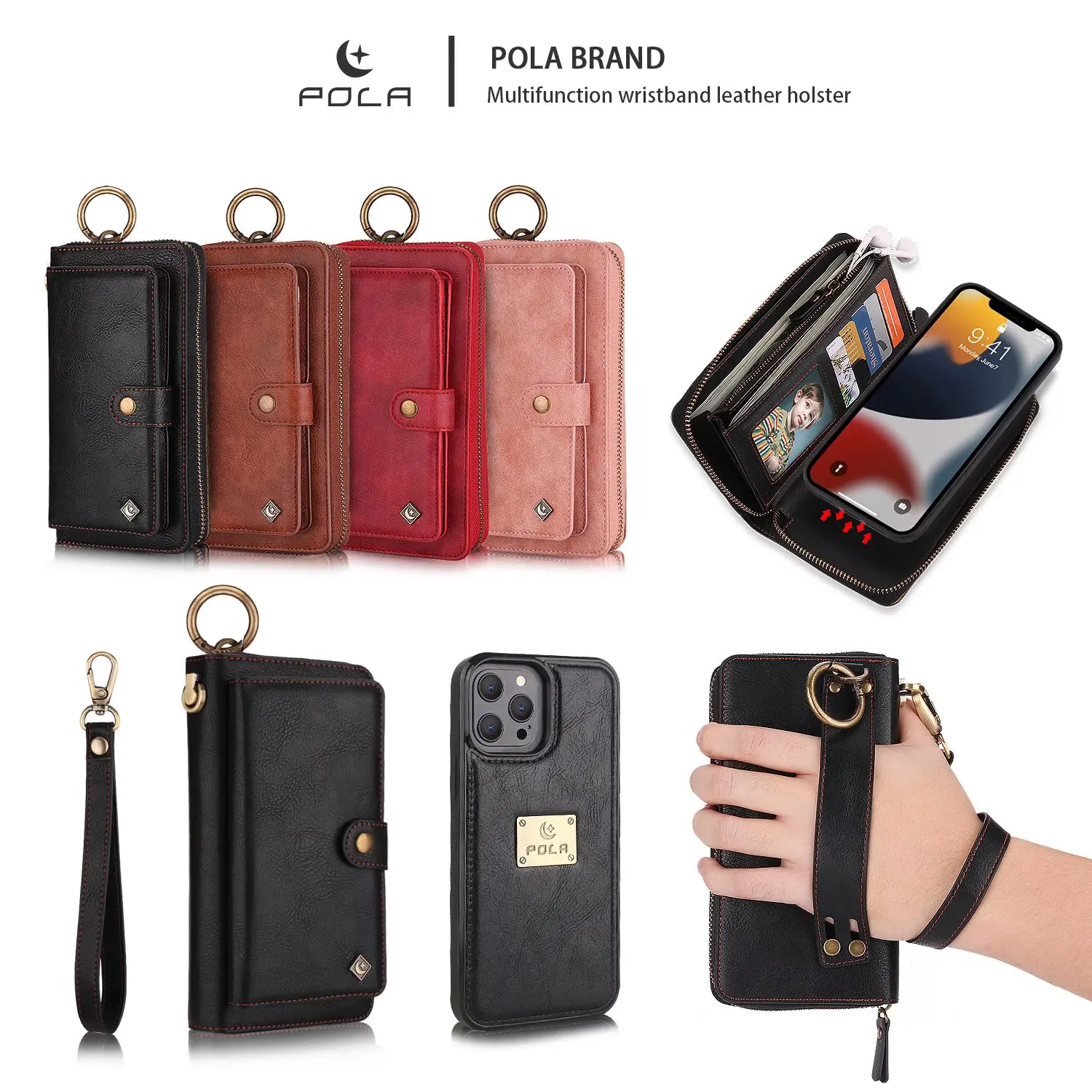 

POLA For Iphone 13 12 Mini 11 Pro 7 8 Plus Xs MAX XR Case Multifunction Zipper Business Leather Magnetic Wallet Split Cover