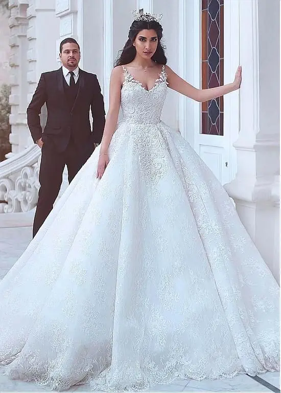 

Vestidos De Novia, хит продаж, новейшее кружевное бальное платье, свадебные платья на тонких бретельках, v-образный вырез, на шнуровке, свадебные пла...