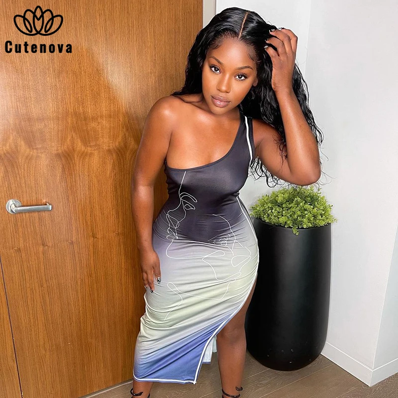 

Cutenove Camisole Bodycon Dresses For Women's 2021 Summer Clothing Single Shoulder Side Split Mixi Dress Female Streetwears