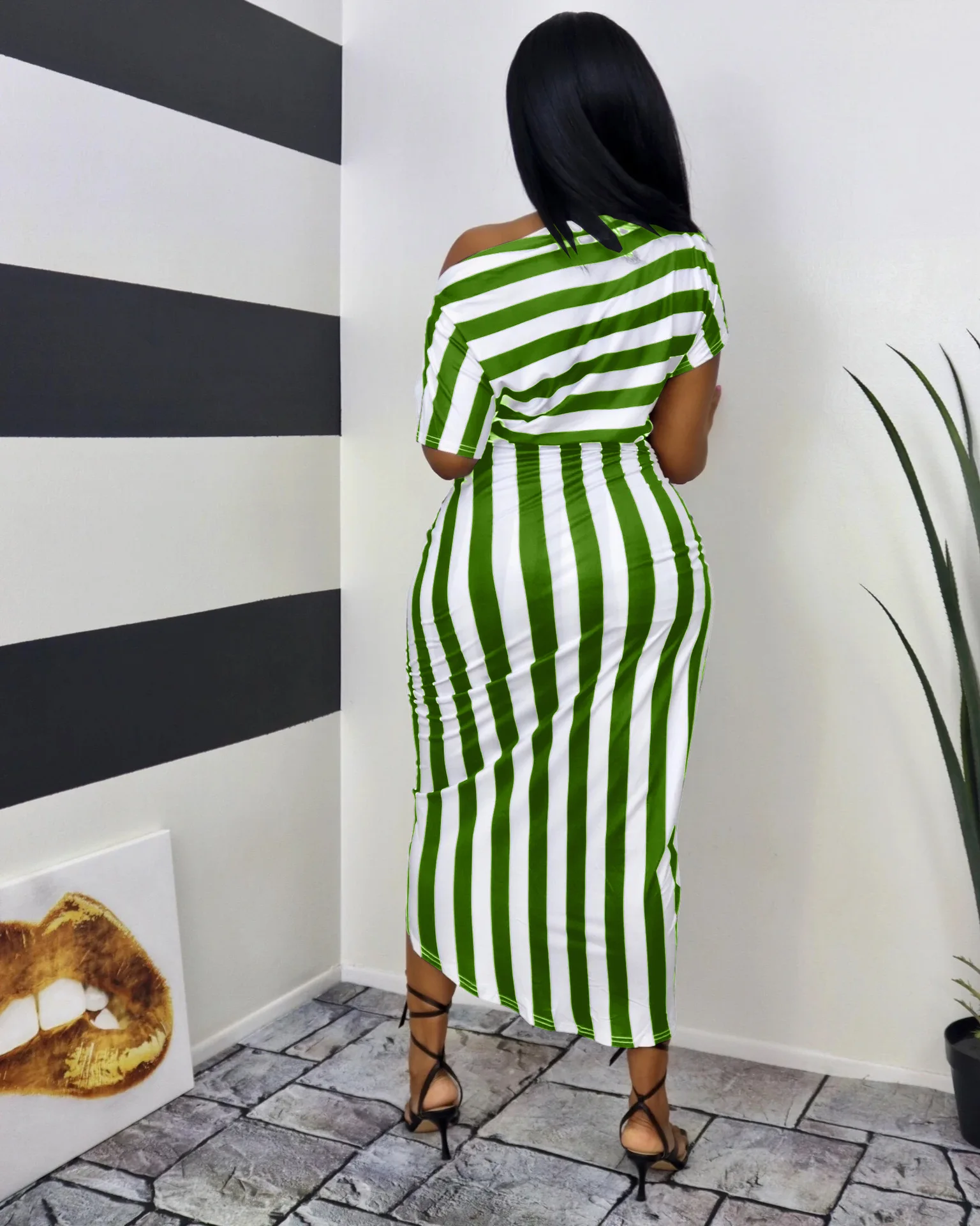 

Ladies Dress Fashion Strapless Striped Slim Long Street Dress Casual Home Outdoor Commuter Plus Size Dress Women