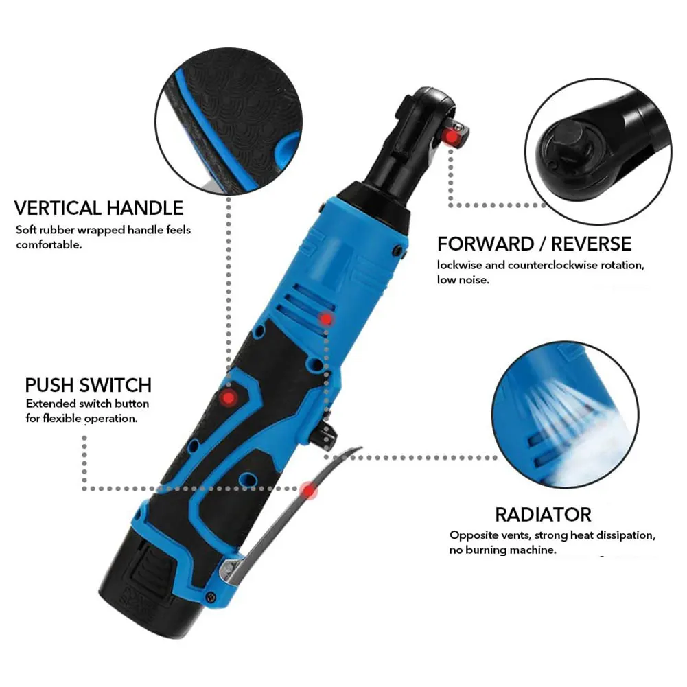 

Electric Wrench Repair Tool Electric Ratchet Wrenches Set Blue Electric Wrench 18V 90Angle with A Battery and A Charger