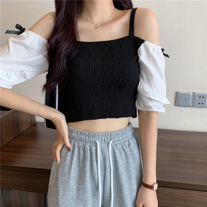 

Slash Neck Tees Women Clothes New Korean Spaghetti Strap Off Shoulder Ladies Tops Sweet Style Slim Short Sleeve T Shirts Hipster