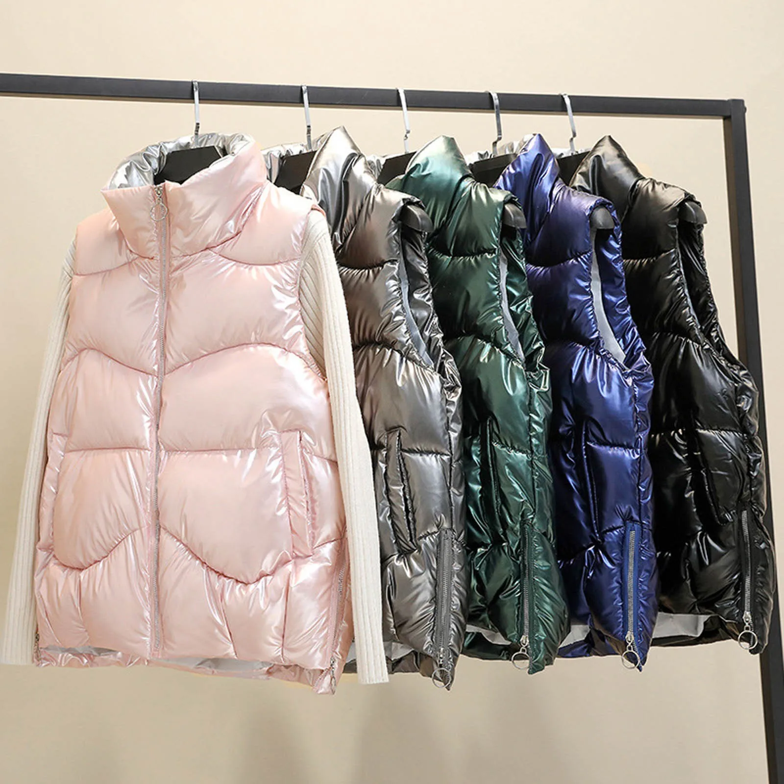 

2021 Autumn Winter Women Solid Loose Vest Drawstring Stand Collar Long Vest Jacket Cotton Padded Women Windproof Warm Waistcoat