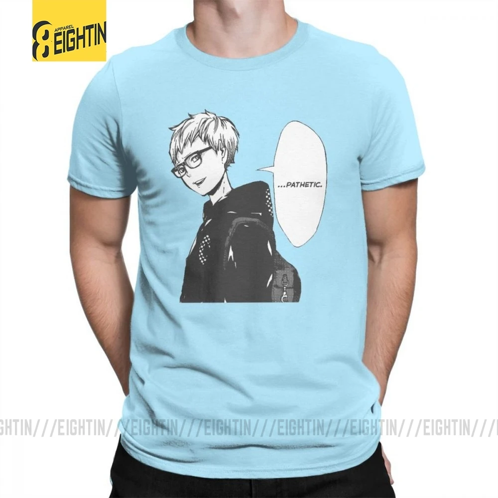 Футболки Haikyuu, футболки Tsukishima Kei, Классические летние футболки с коротким рукавом и круглым вырезом, хлопок, комиксы, футболки для мужчин, большие размеры - Цвет: Небесно-голубой