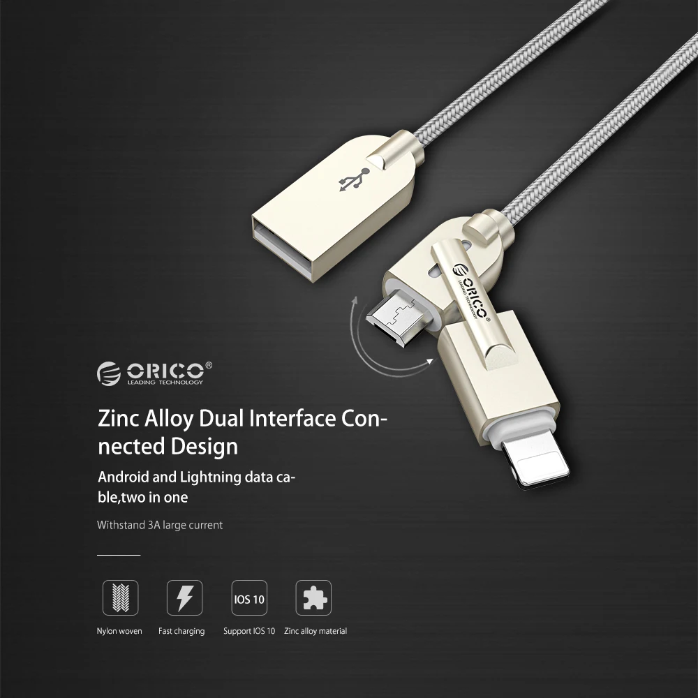 ORICO, освещение Micro USB кабель 2-в-1 2.4A Max быстрая Зарядное устройство Кабель-адаптер для iphone ipad samsung Xiaomi huawei