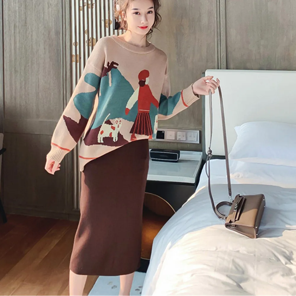 

SMTHMA New Winter Fashion 2 Pcs Women Set O Neck Cartoon Girl Print Pullover Knit Sweater + High Waist Hip Solid Skirt Suit