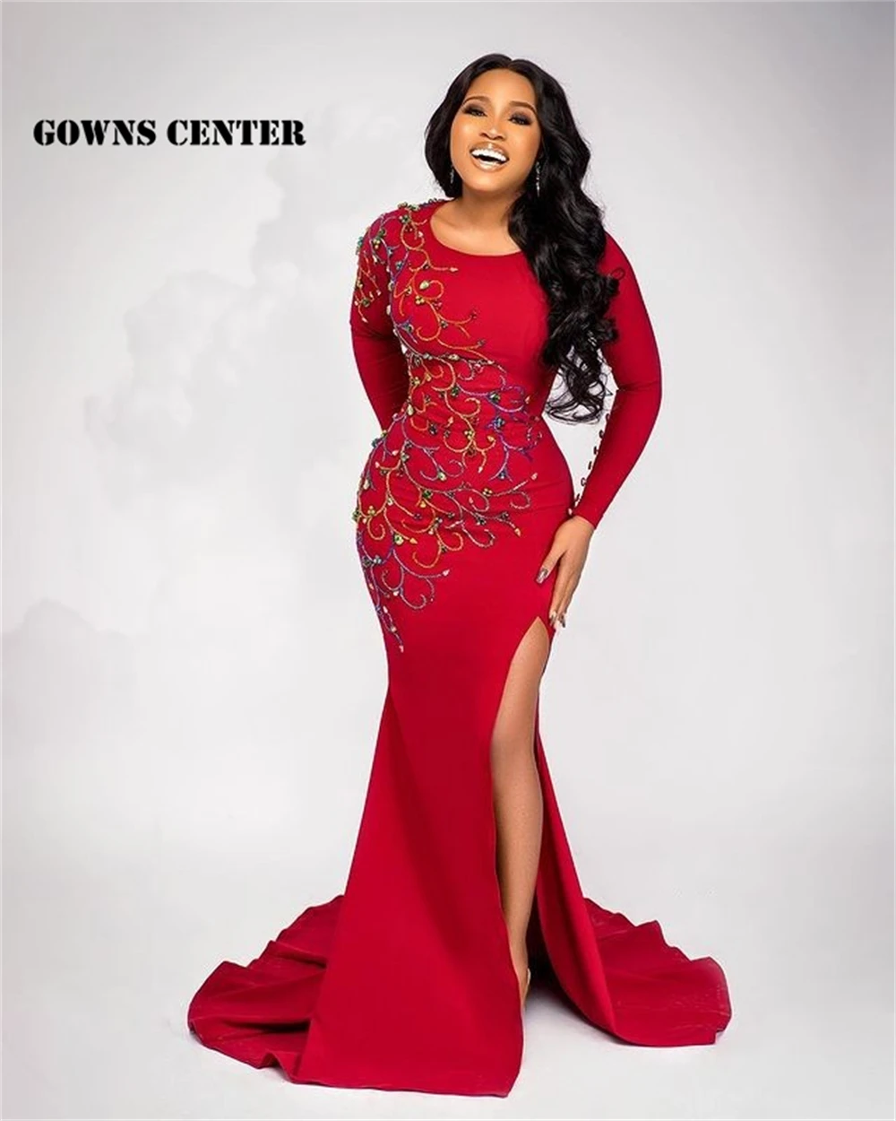 

Elegant High Slit Long Sleeve Evening Dresses Mermaid O Neck Beaded Crystals Formal Night Gown Prom Dress Party Gowns