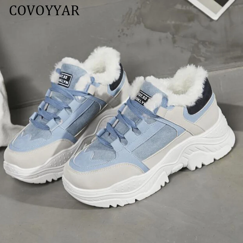 

COVOYYAR 2022 Winter Women Shoes Warm Fur Plush Fashion Sneakers Women Platform Lace Up Lady Casual Chunky Shoes Woman WSN2018