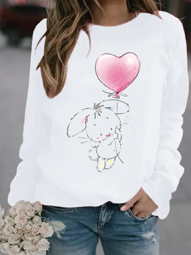 

Bunny Hold Balloon Printed Hoodies Women Fleece Long Sleeve O Neck Loose Sweatshirt Girls Women Hoodie Pullovers Winter