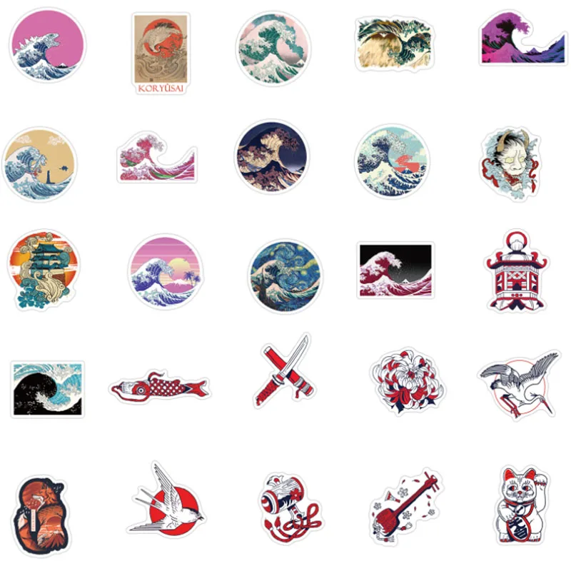 

50Pcs/Set Ukiyo-e sea Graffiti Waterproof Skateboard Travel Suitcase Phone Laptop Luggage Stickers Cute Kids Girl Toys