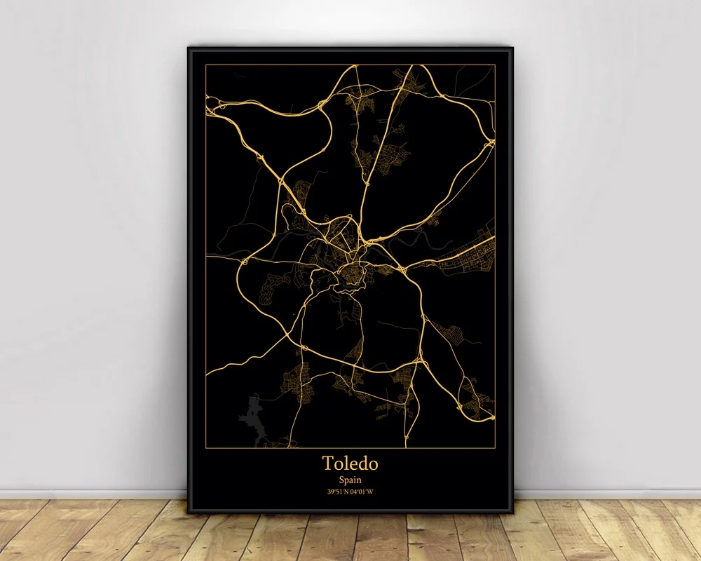 

Toledo Spain Black&Gold City Light Maps Custom World City Map Posters Canvas Prints Nordic Style Wall Art Home Decor