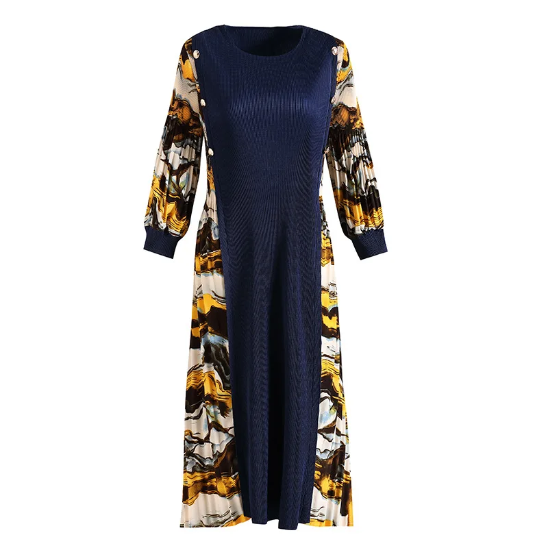 

TVVOVVIN Stylish O-neck Print Pleated Dress Spring 2021 New Women's Loose Large Size Spliced Knee-length Dress R65O