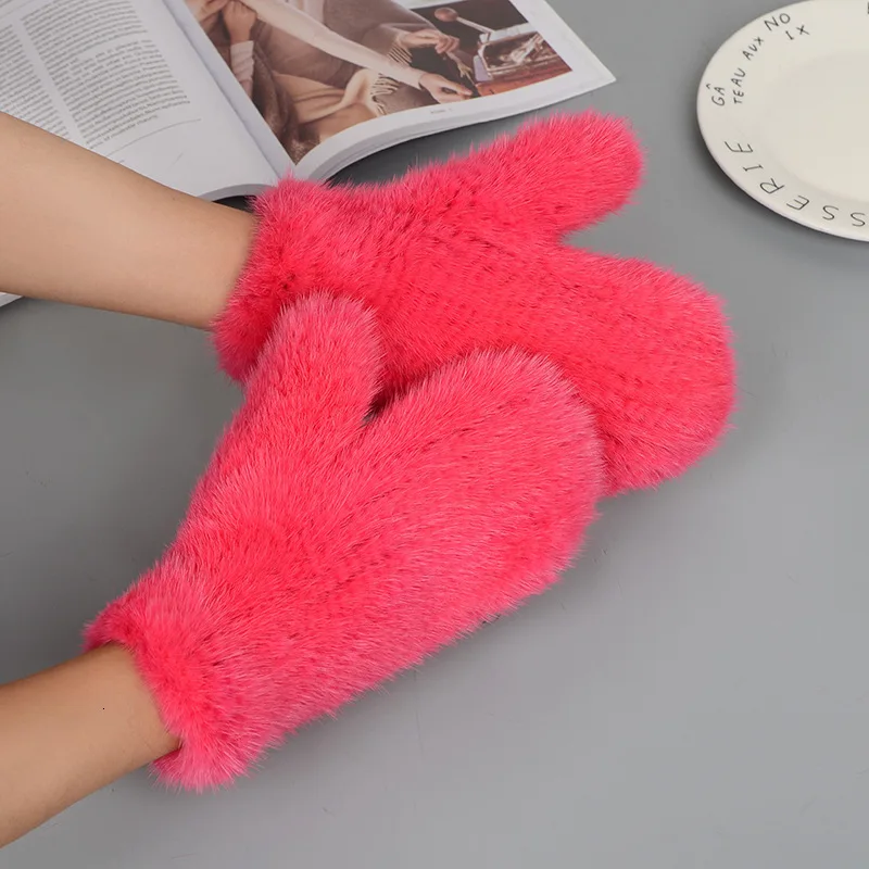 Mink Fur Orange Gloves Women Winter New Korean Version Of The Warm Cute Female Suede Weaving Fingers Fur Gloves