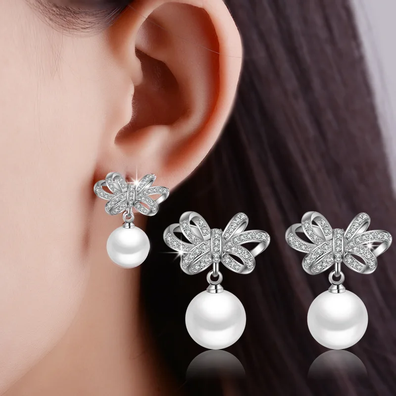 Ultra-flash Bow Pearl Stud Female Korean Version Temperament Diamond-encrusted Earrings Shining Zircon Earrings  - buy with discount