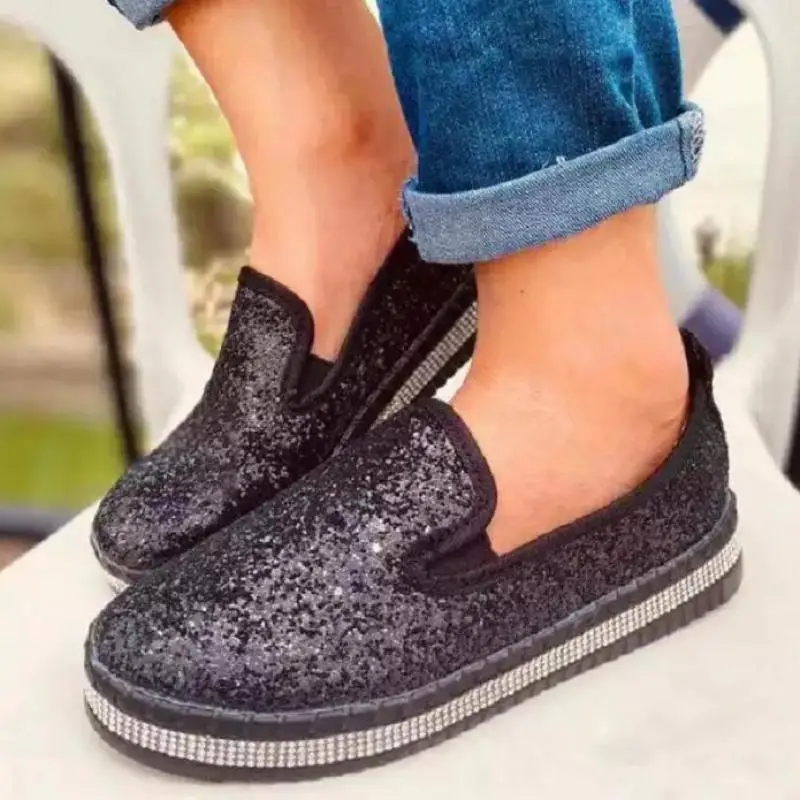 Women Flats  Woman Shoes Rhinestone Ladies Casual Shoes Round Toe Slip-on Platform Shoes