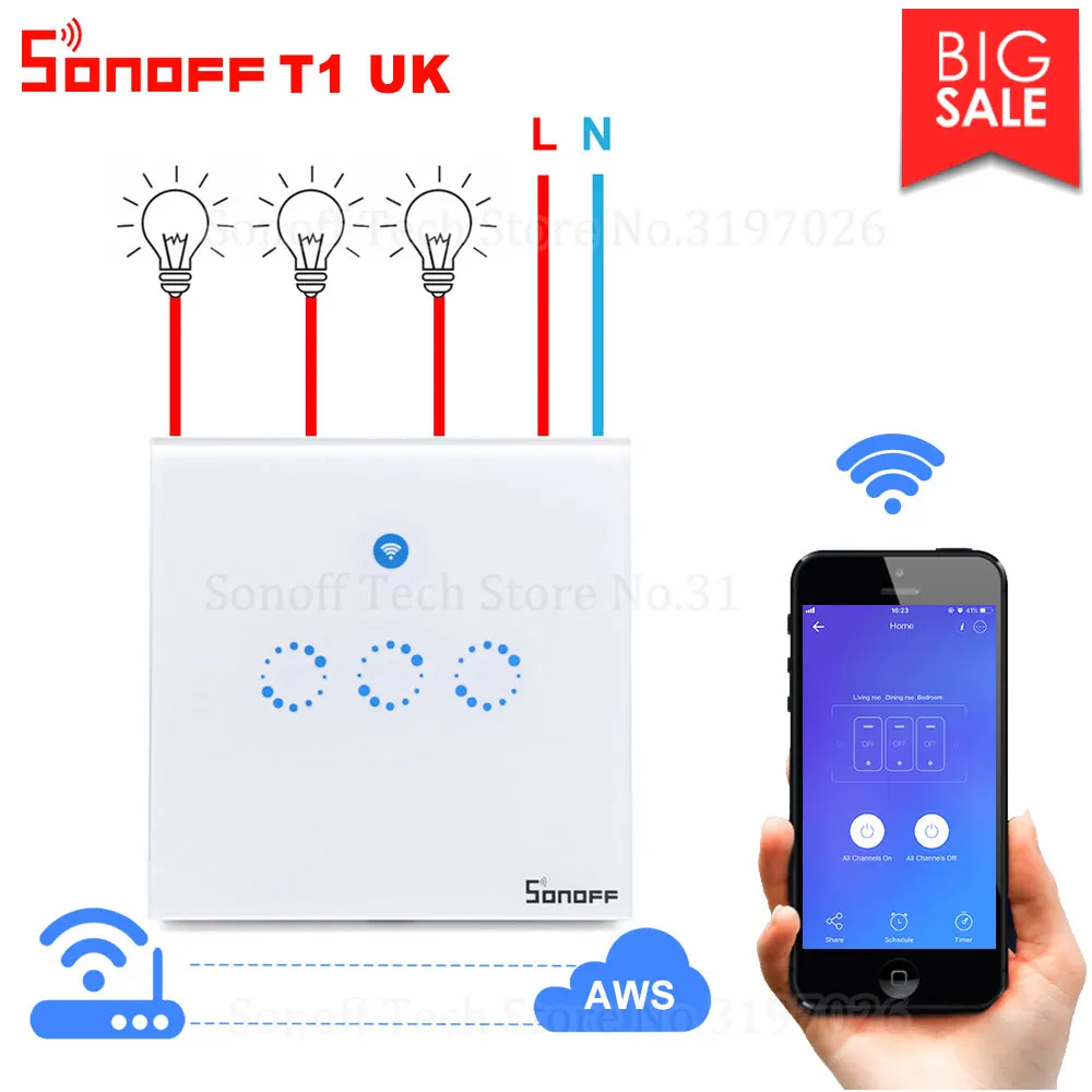 Настенный сенсорный выключатель Itead Sonoff T1 с поддержкой Wi Fi и управлением через