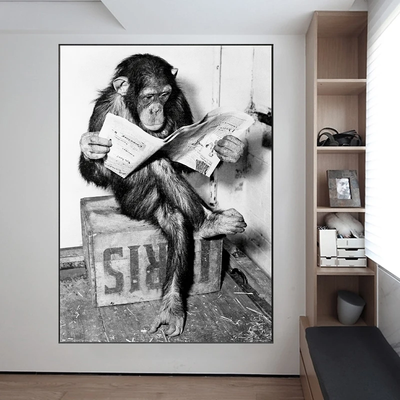 

Funny Animals Monkey Chimpanzee Canvas Painting Orangutan Read Newspaper Poster and Prints Wall Art Picture Home Interior Decor