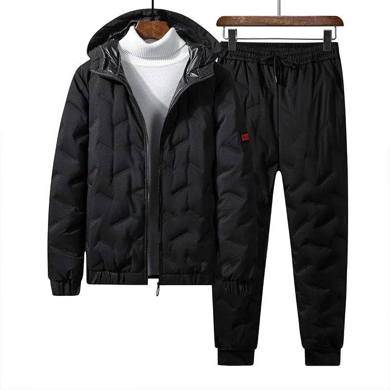 Men Set Winter 2021 Thick Down Suit 2PC Outdoor Male Casual Hooded Jacket + Warm Trousers Fashion Tracksuit Men Trajes Hombre