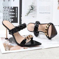 2022 new women sexy thin heels sandals metal decoration womens sandals elastic band pointed toe ladies gladiator shoes