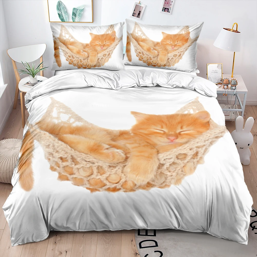 

3D Lovely Pet Cat in Sleeping Bag Linens Bed Comforter/Blanket Cover Set Full Double King Size 203x230cm Bedding Set for Adults
