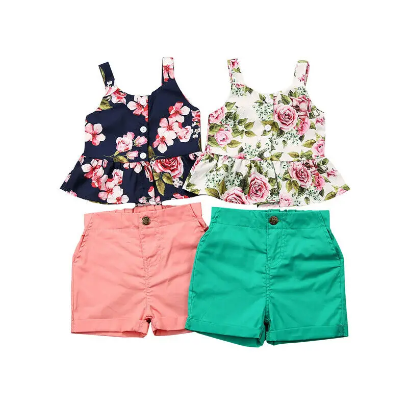 

AA Children Floral Costume 2020 Toddler Kids Baby Girl Outfits Set Tops Shorts Pants Summer Holiday 2PCS Clothes