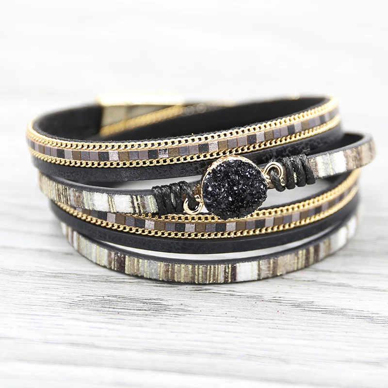 

STRATHSPEY black druzy Bracelets for Women Multilayer leather Bracelet gold chain natural Bangles pulseras mujer moda 2019