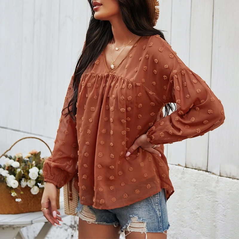 

Chiffon Mesh Sheer Shirt Women Spring Full Sleeve V Neck Ladies Casual Loose Tops and Blouses