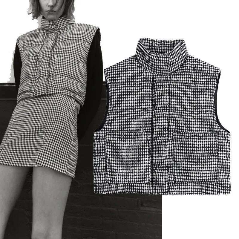 

2021 ZA Womens High Collar Cropped Plaid Vest Jacket Female Sleeveless Houndstooth Zip Up Vests Coat Femal Warm Padded Waistcoat